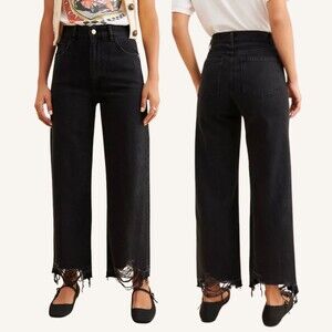DL1961 Hepburn Wide Leg High Rise Jeans Jet Black Size 26 Anthropologie Distress